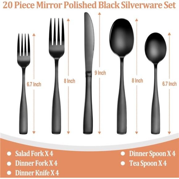 20 Pcs Black Silverware Set, Food-Grade Stainless Steel Flatware Set for 4 - Picture 2 of 8